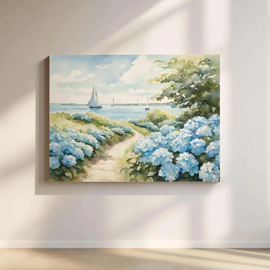 Coastal Hydrangea Wall Art | Watercolor Sailboat Landscape Print | Premium Gallery Wrapped Canvas | Beach House Decor Gift