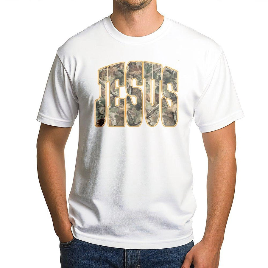 Jesus Camo T-Shirt | Rustic Tree Bark Camouflage Graphic | Premium Soft Cotton Blend | Trendy Faith Based Christian Gift for Men and Women
