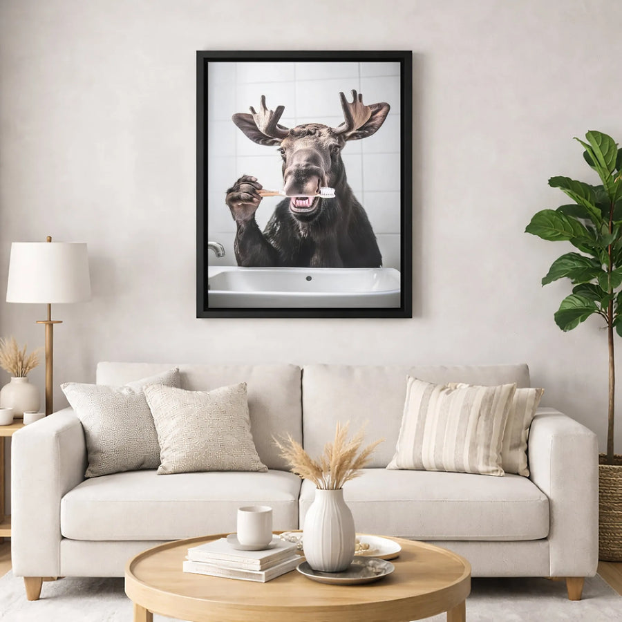 Funny Moose Brushing Teeth Canvas Art | Whimsical Bathroom Wall Decor | Premium Gallery Wrap Print | Unique Gift for Animal Lovers