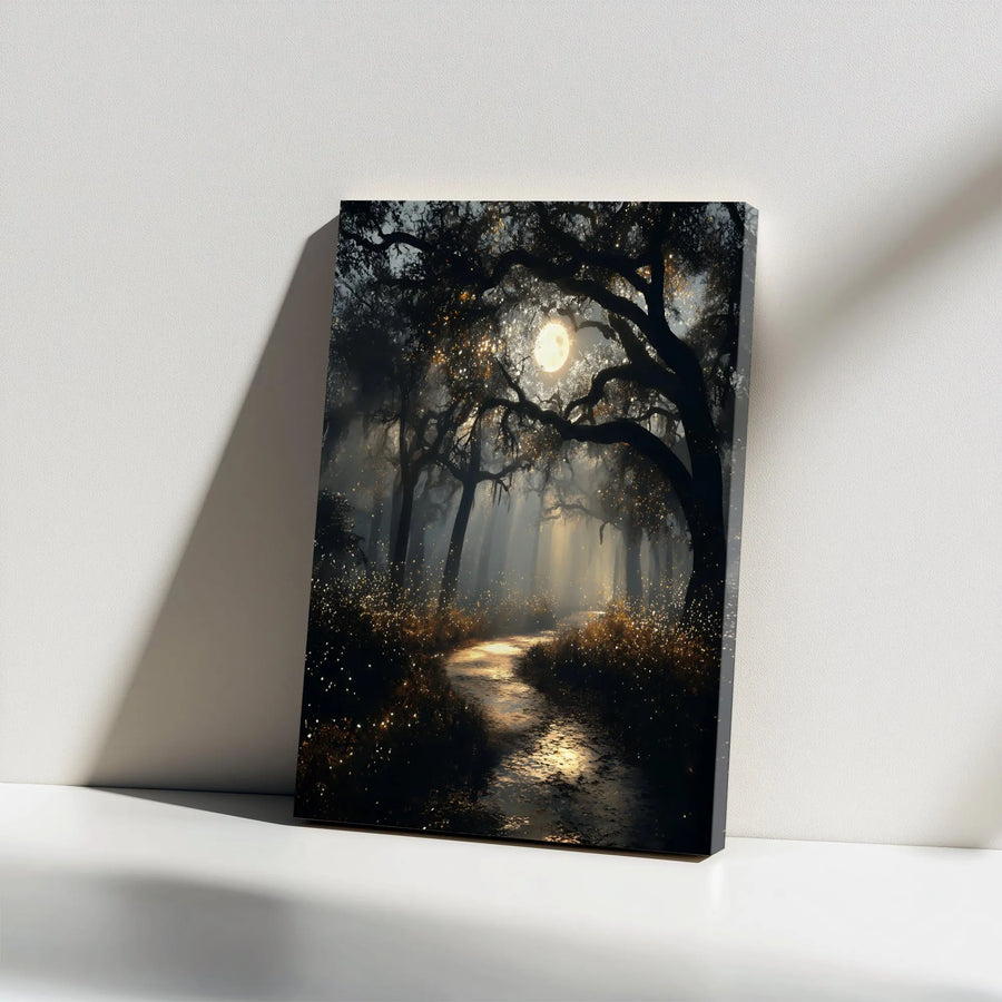 Enchanted Forest Canvas Wall Art | Moonlight Path With Fireflies | Premium Gallery Wrap Print | Whimsical Nature Home Decor Gift