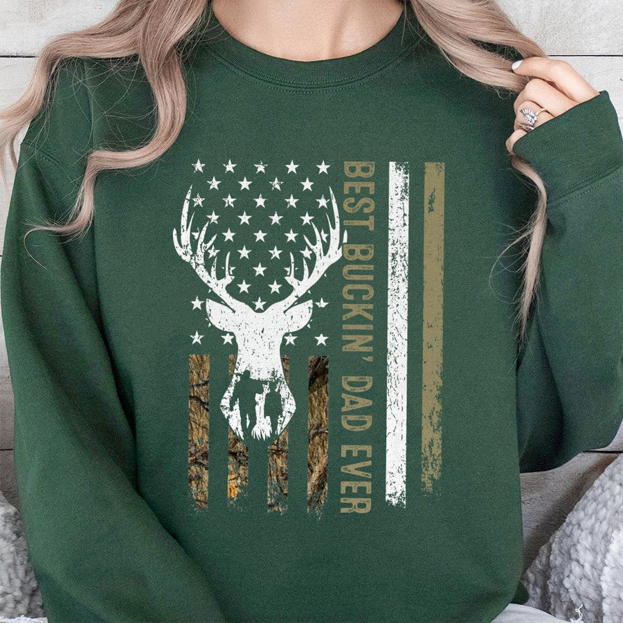 Best Buckin Dad Ever Sweatshirt | Deer Antler American Flag Camo Graphic | Premium Cotton Blend | Funny Hunting Gift for Men & Outdoorsman