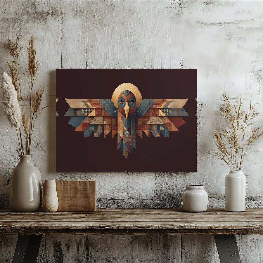 Geometric Owl Wall Art | Aztec Inspired Tribal Bird Canvas | Premium Gallery Wrap Decor | Spiritual Home Office Gift