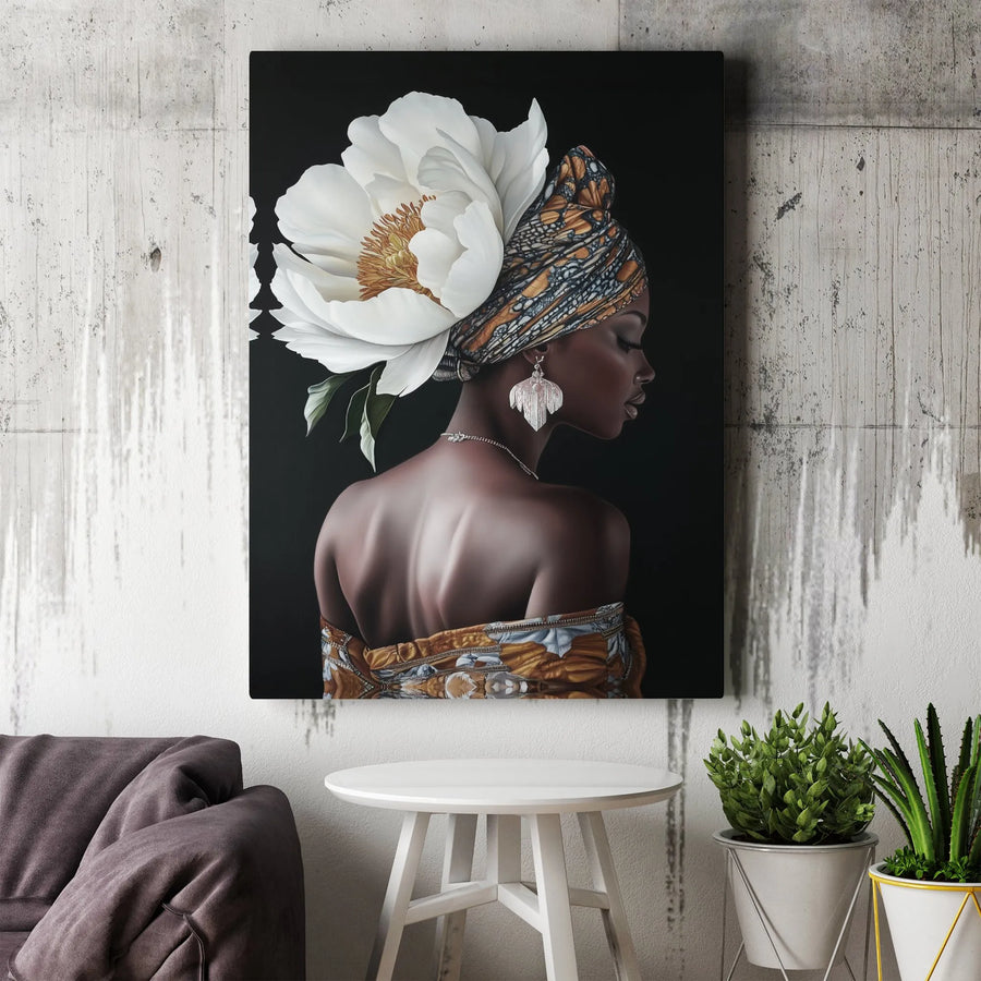 Black Woman Canvas Wall Art | African Headwrap Portrait with White Peony | Premium Gallery Wrap 1.25" Frame | Modern Black Decor for Home or Office