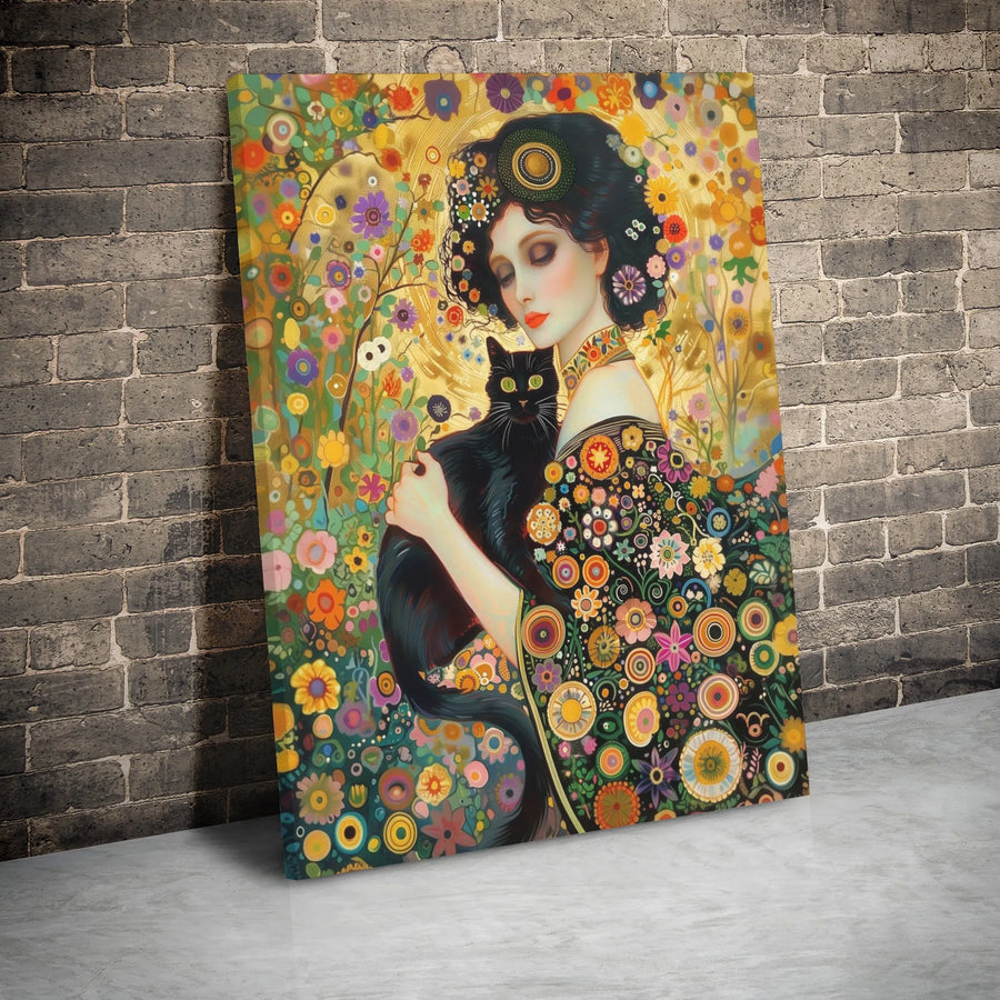 Art Nouveau Canvas Print | Woman With Black Cat Floral Gold Wall Art | Premium Gallery Wrapped Decor | Unique Gift For Cat Lovers