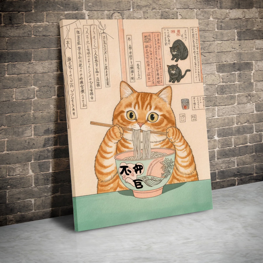 Japanese Ramen Cat Canvas Print | Vintage Ukiyo-e Orange Tabby Wall Art | 1.25 Inch Premium Gallery Wrap | Whimsical Kitchen Decor Gift