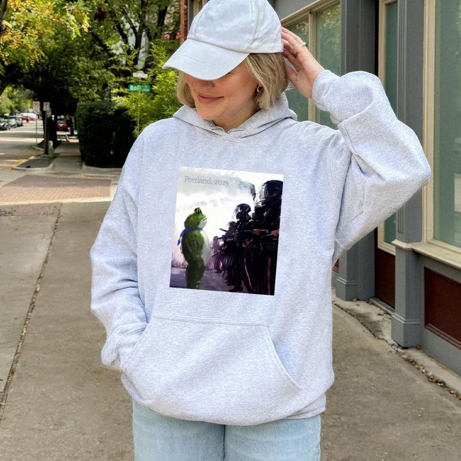 Portland 2025 Frog Hoodie | Protest Art Graphic | Premium Cotton Blend | Unisex Streetwear Gift for Activists