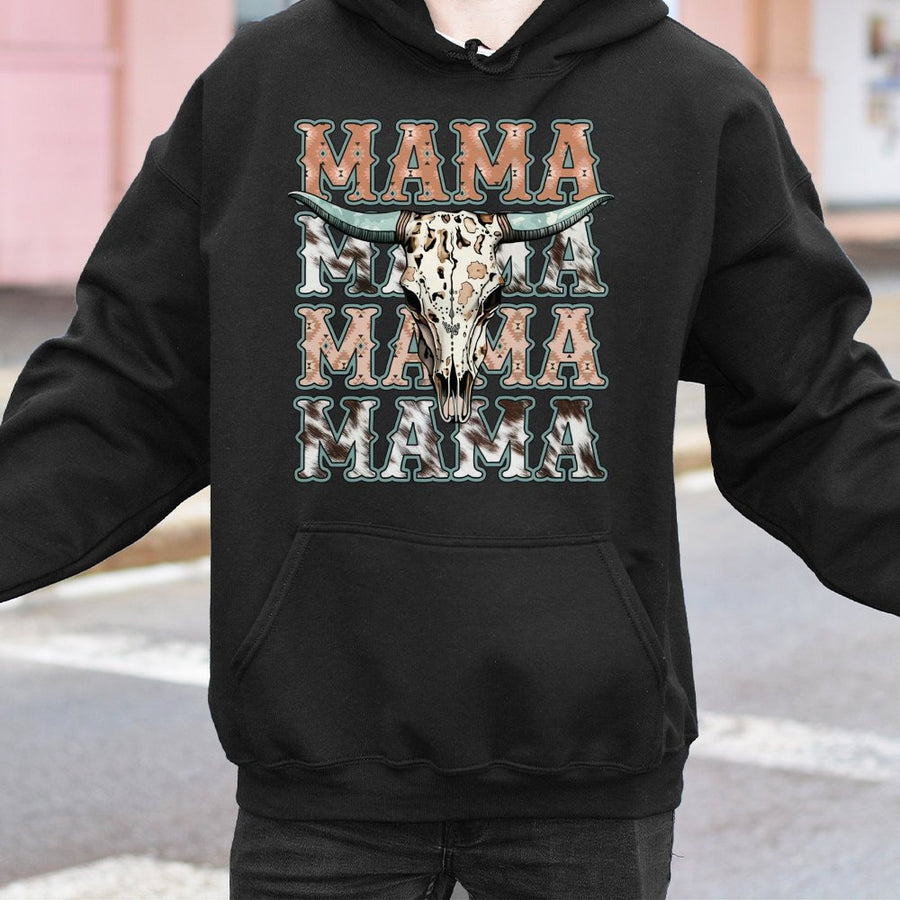 Western Mama Hoodie | Boho Cow Skull Graphic Design | Premium Cotton Blend | Gift For Country Moms And Rodeo Lovers
