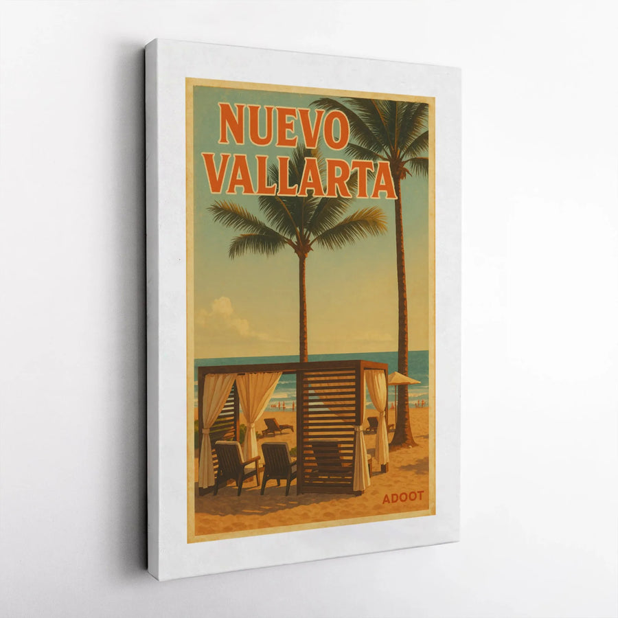 Nuevo Vallarta Travel Poster | Vintage Beach Cabana Wall Art | 1.25-Inch Gallery Wrap Canvas | Premium Tropical Home Decor Gift