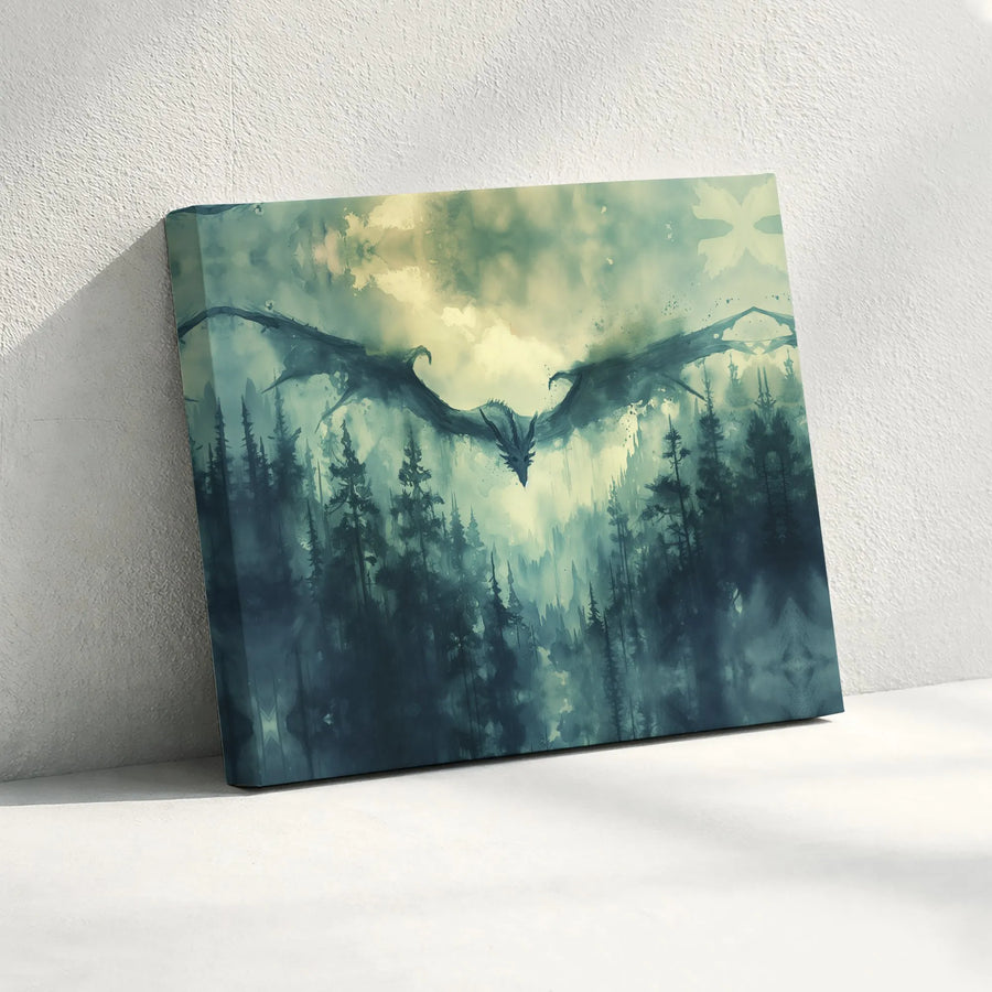 Dragon Wall Art Canvas | Misty Forest Fantasy Landscape | Premium Fade-Resistant Gallery Wrap | Gift for Fantasy Lovers