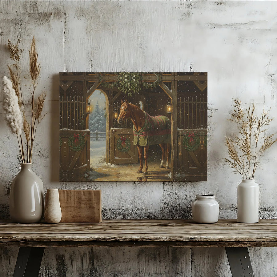 Horse In Snowy Stable Canvas Print | Winter Farmhouse Wall Art | 1.25-Inch Gallery Wrap | Festive Equestrian Christmas Decor Gift
