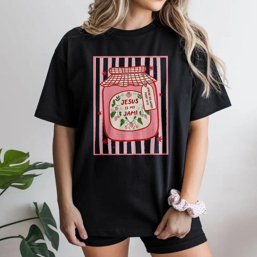 Jesus Is My Jam T-Shirt | Cute Strawberry Jam Jar Graphic | Premium Cotton-Blend Sweatshirt | Trendy Christian Faith Gift for Women