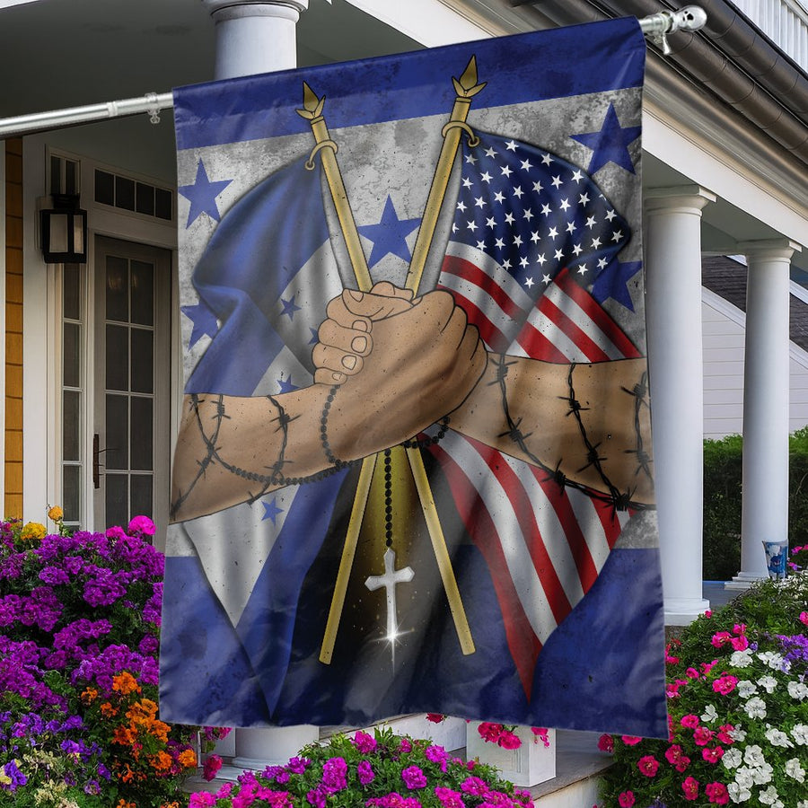 Honduras and USA Flag House Banner | Patriotic Handshake Design | Premium Weather-Resistant Polyester | Gift for Honduran Americans
