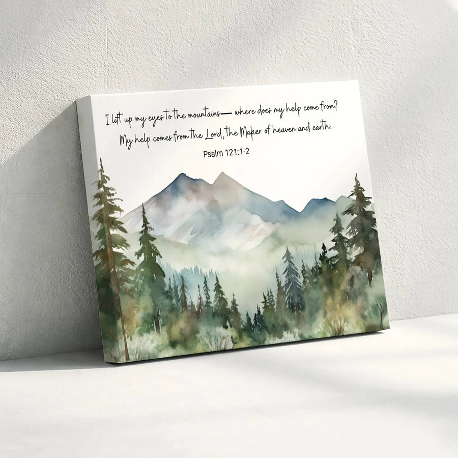Psalm 121 Mountain Canvas Wall Art | Watercolor Bible Verse Landscape | Premium Christian Home Decor | Inspirational Faith Gift for Believers