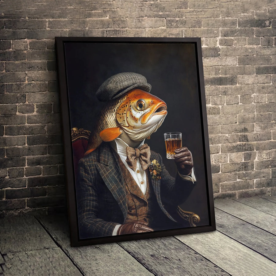 Fish Gentleman Wall Art | Anthropomorphic Trout in Tweed Suit Drinking Whiskey | Premium Gallery Canvas | Unique Man Cave Home Decor Gift
