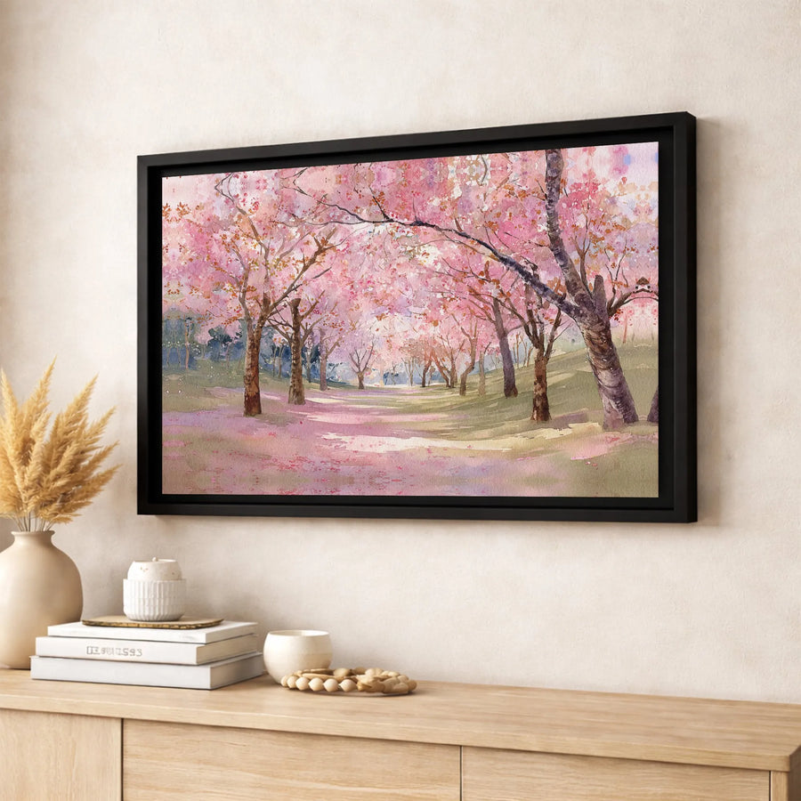 Cherry Blossom Wall Art | Watercolor Pink Spring Park Landscape | Premium Gallery Wrapped Canvas | Serene Floral Home Decor Gift