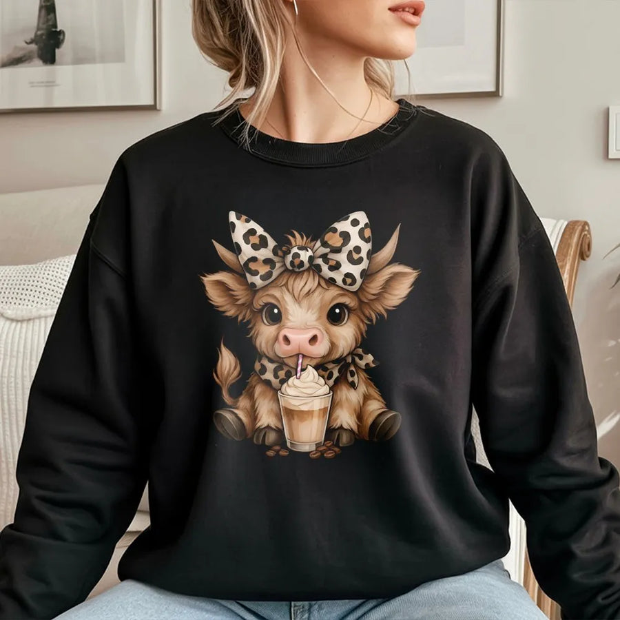 Highland Cow Coffee Sweatshirt | Leopard Bow Farmhouse Graphic | Premium Cotton Blend | Cute Animal Lover Gift For Women And Men