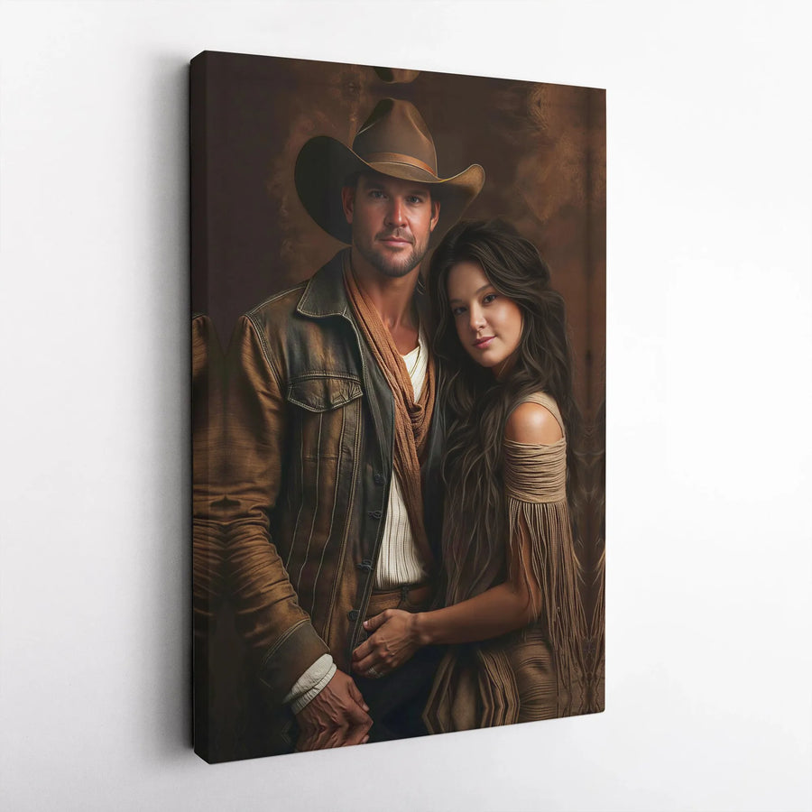 Western Cowboy Couple Canvas Wall Art | Romantic Rustic Portrait | Premium Fade-Resistant Gallery Wrap | Anniversary Gift for Country Couples