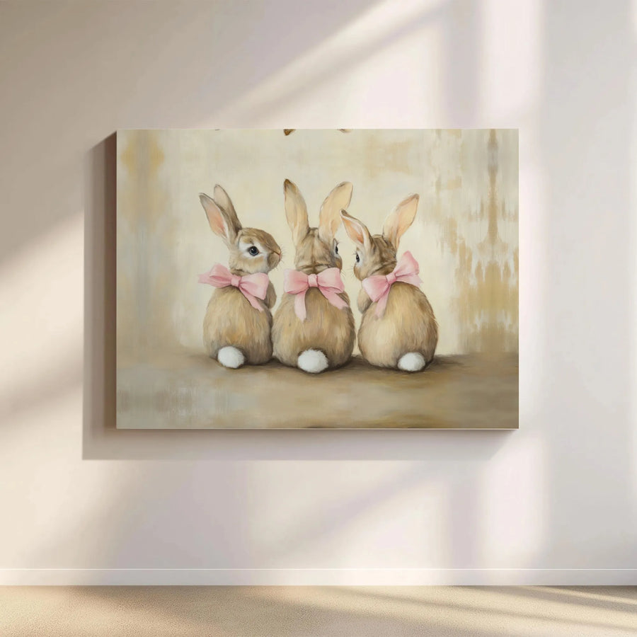 Bunny Rabbit Canvas Wall Art | Three Cute Bunnies with Pink Bows | Premium Gallery Wrapped Canvas | Nursery Room Decor Gift for Girl