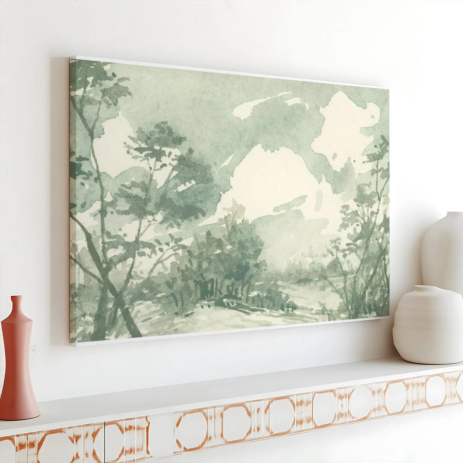 Abstract Landscape Canvas Wall Art | Minimalist Watercolor Scenery in Sage Green | Premium Gallery Wrapped Print | Modern Living Room Decor Gift