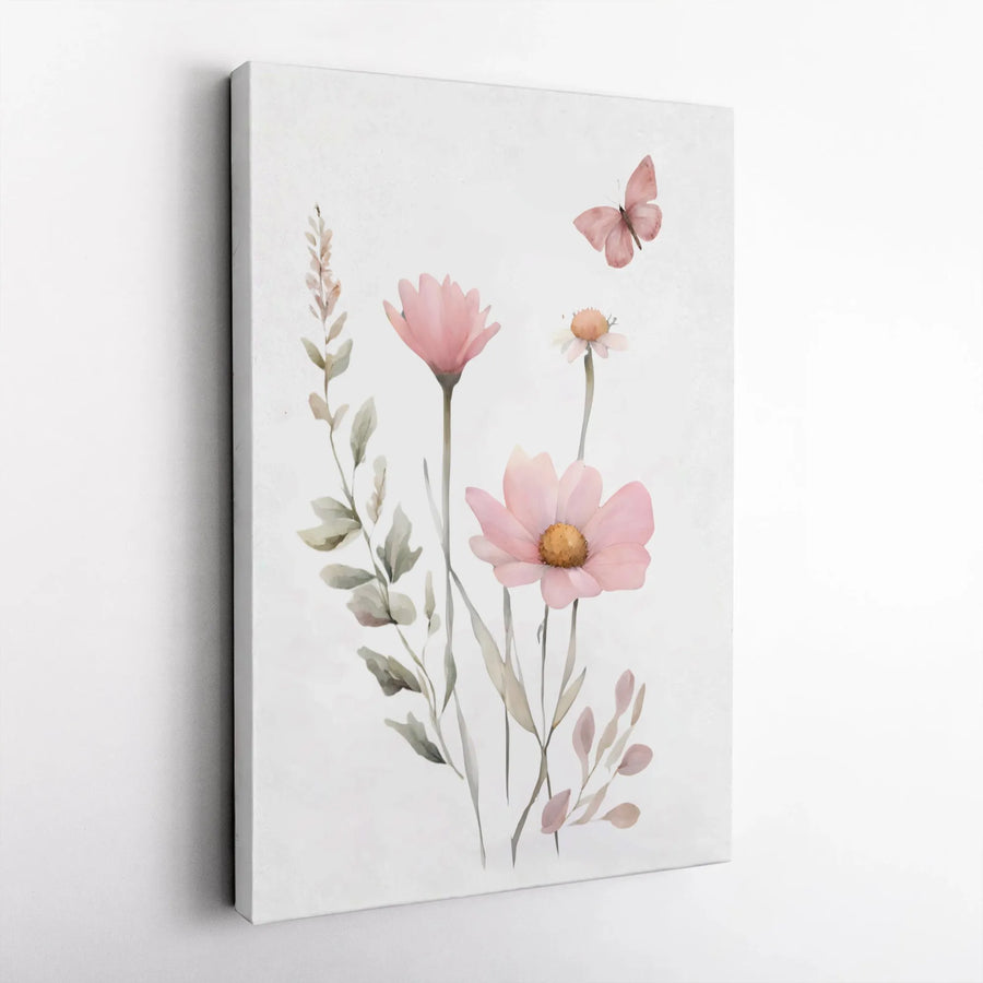 Watercolor Wildflower Canvas Wall Art | Minimalist Pink Floral and Butterfly Art | Thick 1.25" Gallery Wrap Canvas | Gift for Her, Modern Farmhouse Nursery Decor