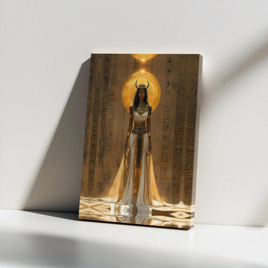 Egyptian Goddess Canvas Wall Art | Hathor Hieroglyph Gold Decor | Premium Gallery Wrap Print | Mythological Spiritual Home Gift