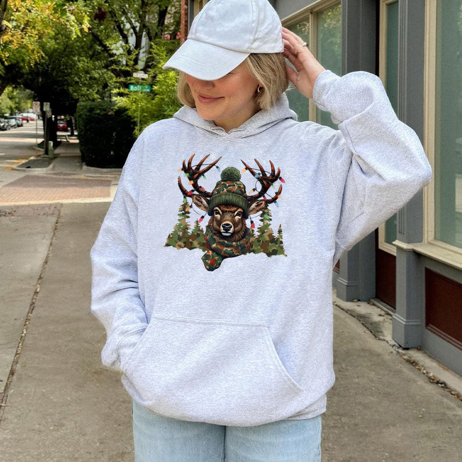 Christmas Deer Hoodie | Camo Hunting Winter Graphic | Premium Cotton Blend | Gift for Hunter Men and Women