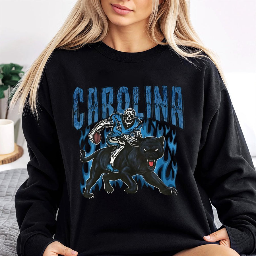 Carolina Skeleton Football Player Riding A Black Panther With Blue Flames Sweatshirt