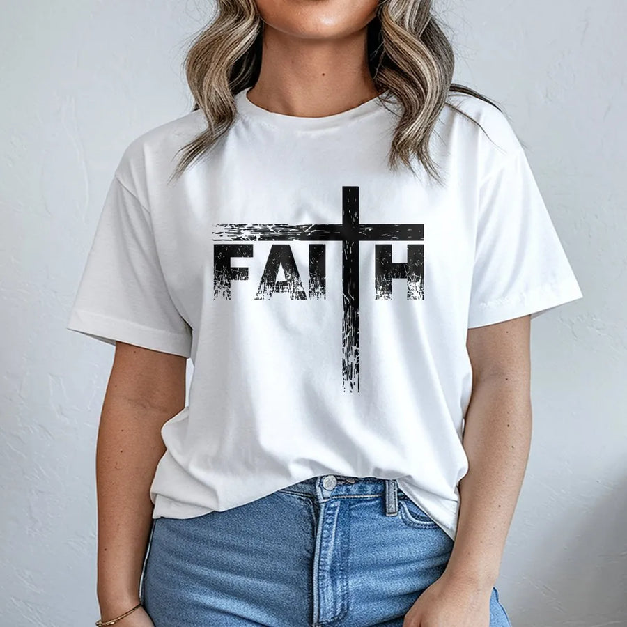 Faith Cross T-Shirt | Distressed Typography Christian Graphic Tee | Premium 100% Cotton | Religious Gift for Men and Women