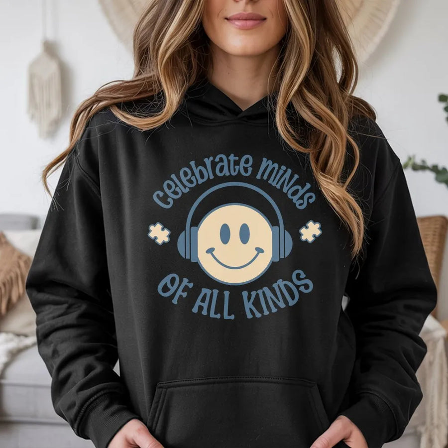 Celebrate Minds Of All Kinds Hoodie | Autism Awareness Graphic Sweatshirt | Cotton-Blend Comfort | Neurodiversity Gift For Teachers Parents