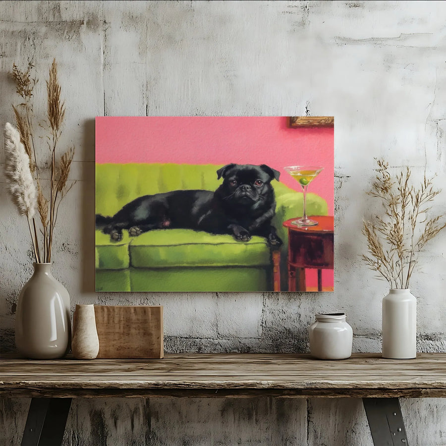 Black Pug Wall Art | Funny Dog Drinking Martini Painting | Gallery Wrap Canvas Print | Whimsical Pet Lover Gift Decor
