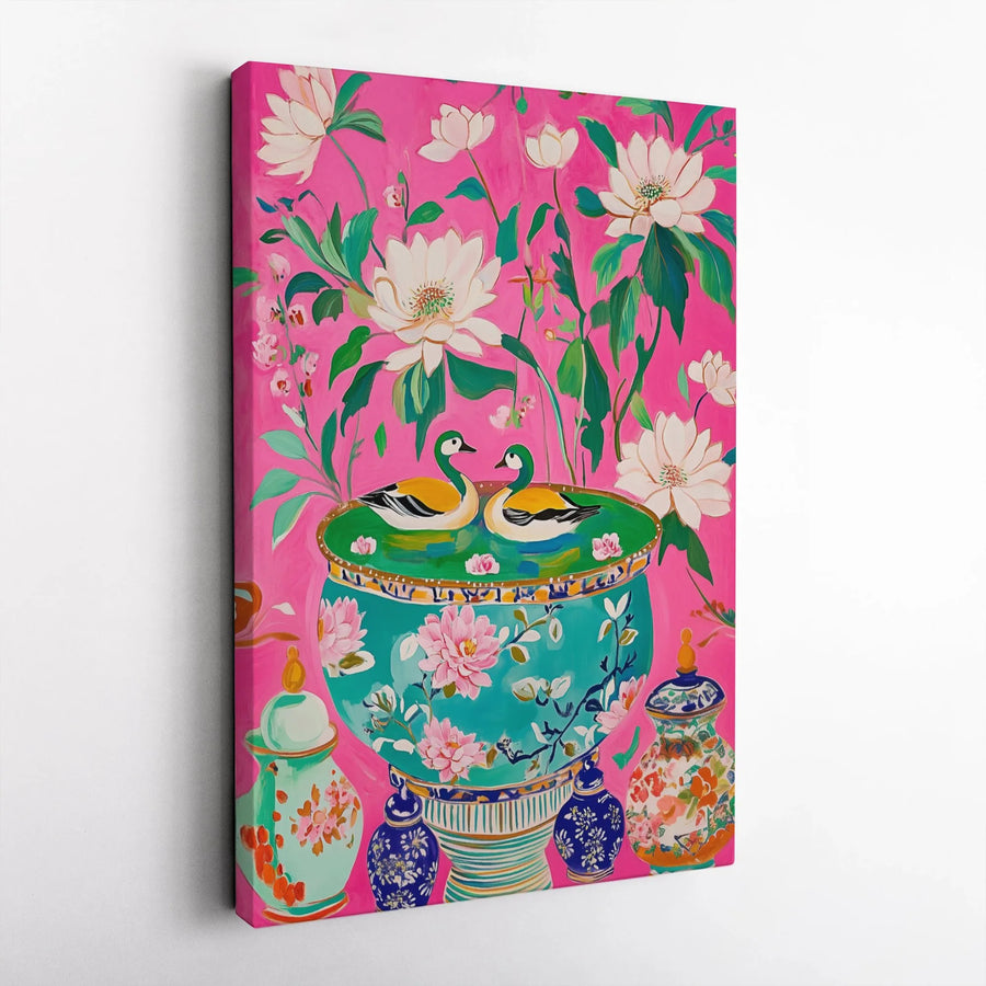 Chinoiserie Canvas Wall Art | Mandarin Ducks & Lotus Flower Decor | 1.25 Inch Gallery Wrap | Elegant Home & Office Gift