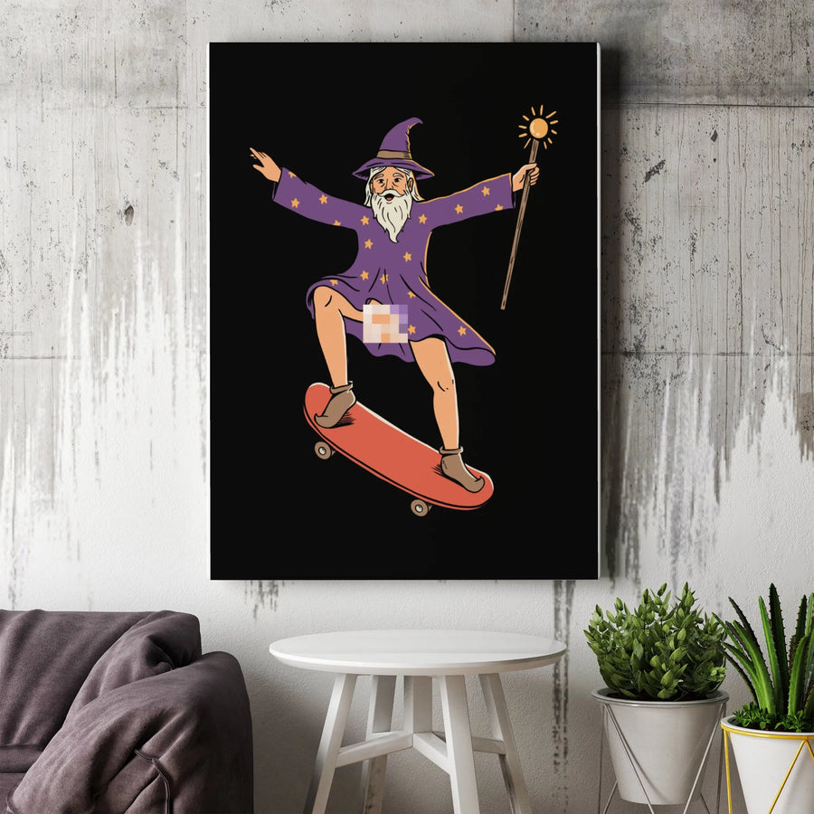 Funny Wizard Skateboarder Canvas Wall Art | Censored Cartoon Illustration | Premium 1.25" Thick Canvas | Unique Gift for Skaters & Dorm Room Decor