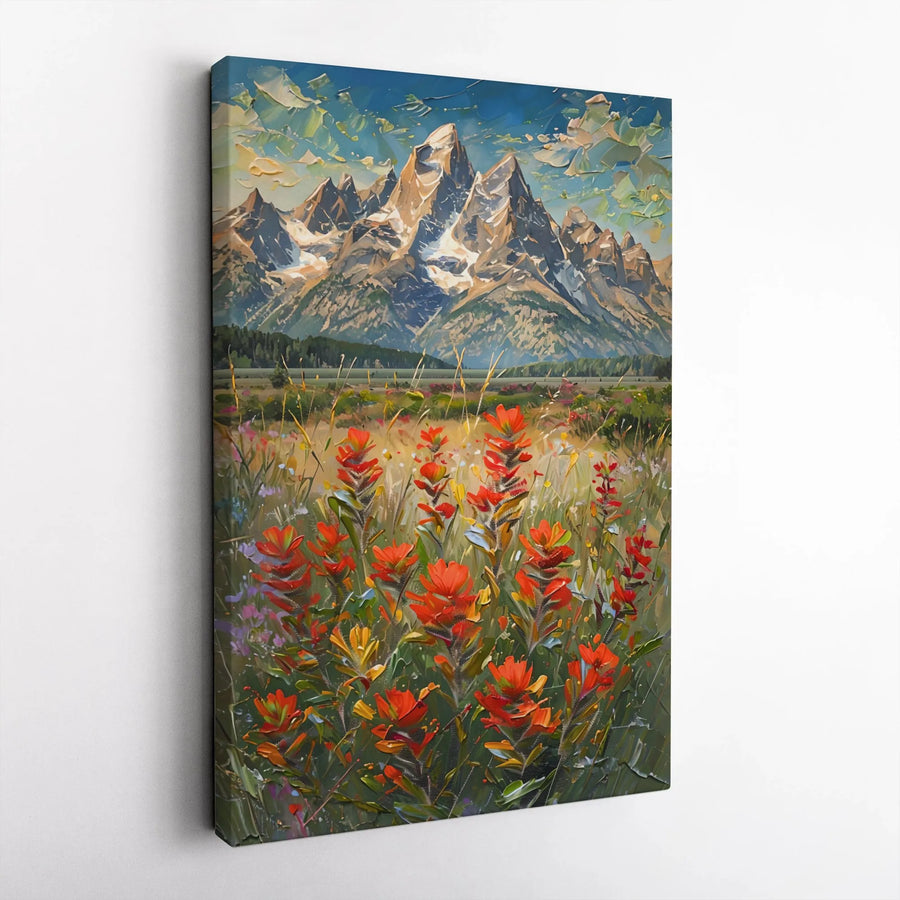 Grand Teton Mountain Canvas Wall Art | Impressionist Wildflower Landscape Print | Thick Gallery Wrap Canvas | Rustic Cabin Decor Gift for Nature Lover