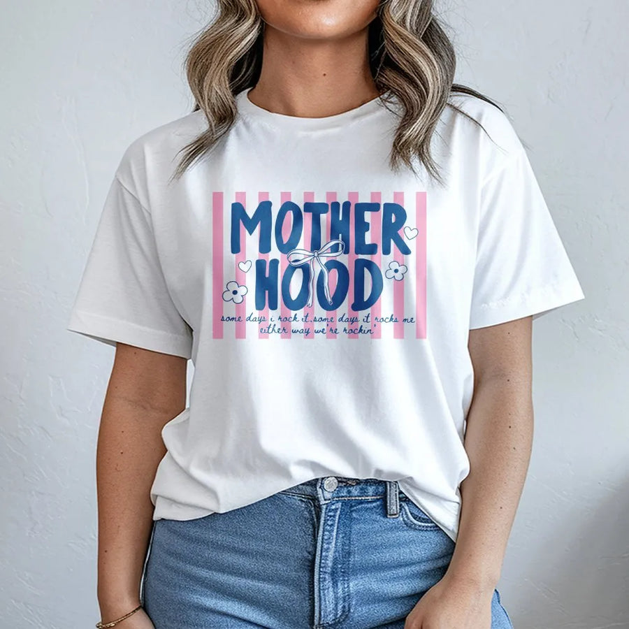 Motherhood T-Shirt | Trendy Pink Striped Preppy Graphic | Soft Cotton Blend Pullover | Mothers Day Gift for New Mom