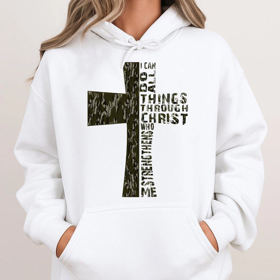 I Can Do All Things Through Christ Hoodie | Camo Cross Bible Verse Design | Premium Cotton-Blend | Religious Gift For Men And Women