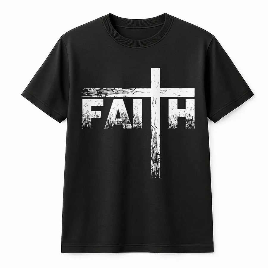 Faith Cross T-Shirt | Distressed Typography Christian Graphic Tee | Premium 100% Cotton | Religious Gift for Men and Women