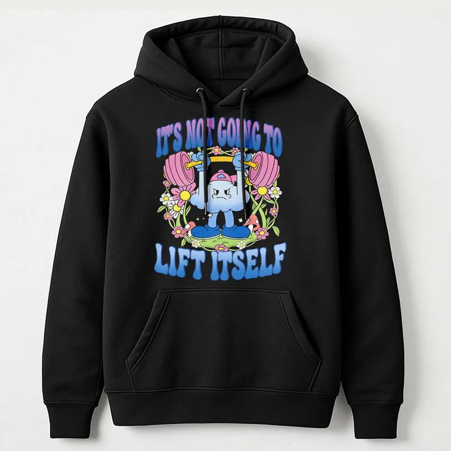 It's Not Going To Lift Itself Hoodie | Funny Gym Cartoon Weightlifting Graphic | Premium Cotton Blend Unisex Pullover | Motivation Workout Gift