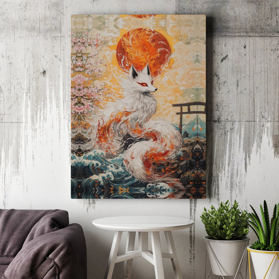 Japanese Kitsune Canvas Wall Art | Mythical Fox With Fiery Sun And Torii Gate | Premium Gallery Wrap Print | Zen Home Office Decor Gift