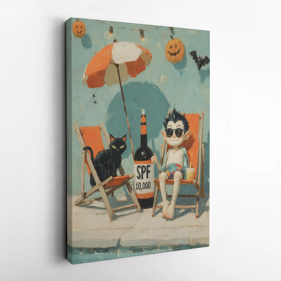 Funny Halloween Vampire Beach Vertical Canvas | Spooky Black Cat & SPF 10000 Painting | Premium 1.25" Gallery Wrap Canvas Print | Quirky Gothic Home Decor Gift
