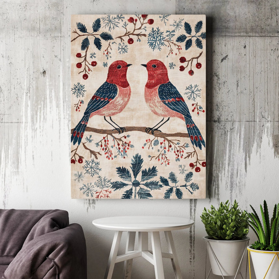 Winter Bird Canvas Wall Art | Folk Art Holiday Decor with Berries & Snowflakes | Premium Gallery-Wrapped Print | Ready-To-Hang Seasonal Gift
