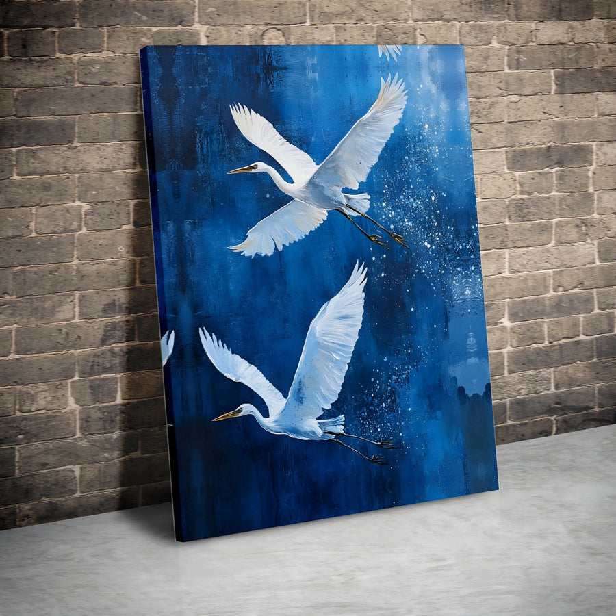 Flying Egret Canvas Wall Art | Abstract Blue Bird Painting | Premium Gallery Wrapped Print | Modern Coastal Home Decor Gift