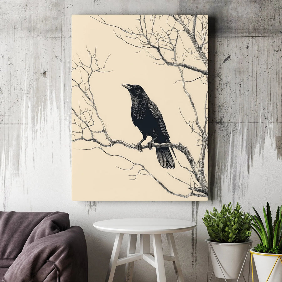 Black Crow Canvas Print | Vintage Botanical Raven Sketch | 1.25-inch Premium Gallery Wrap | Gothic Home Decor Wall Art Gift