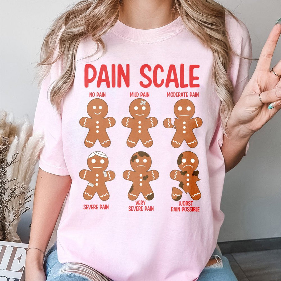Pain Scale Gingerbread T-Shirt | Funny Medical Christmas Graphic Tee | 100% Cotton Premium Shirt | Holiday Gift For Nurses and Doctors