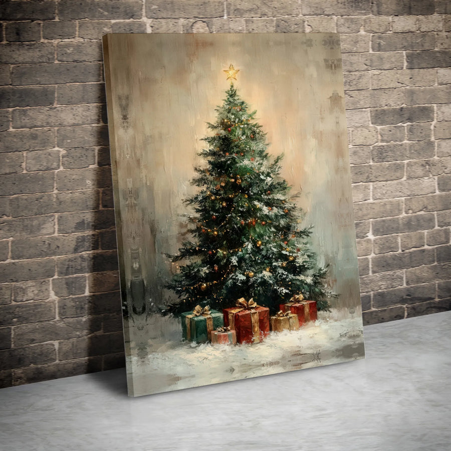 Rustic Christmas Tree Canvas Art | Vintage Style Holiday Presents Decor | Premium Fade-Resistant Wall Print | Festive Seasonal Home Gift