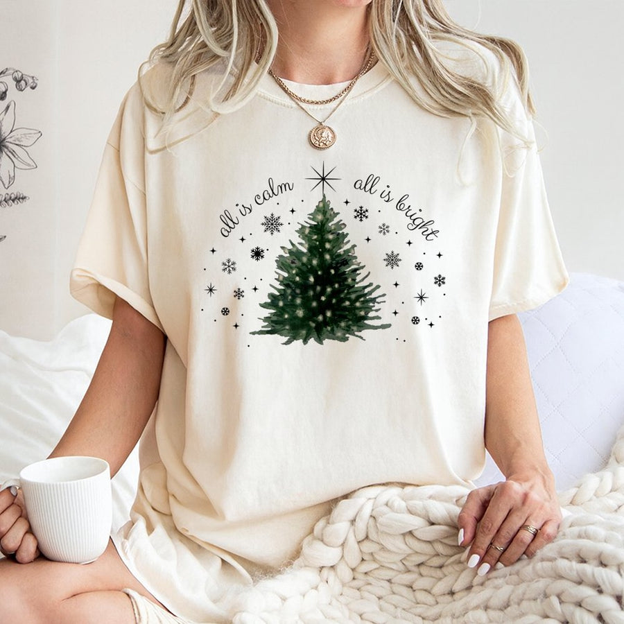 All Is Calm All Is Bright Christmas T-Shirt | Minimalist Watercolor Tree Graphic | 100% Cotton Premium Tee | Festive Holiday Gift For Women & Men