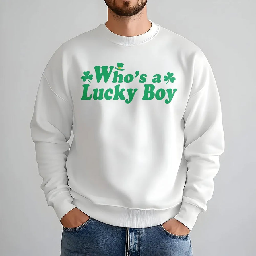 Who's A Lucky Boy Sweatshirt | St. Patrick's Day Clover Leprechaun Hat Design | Premium Cotton Blend | Funny Irish Gift For Him Or Her