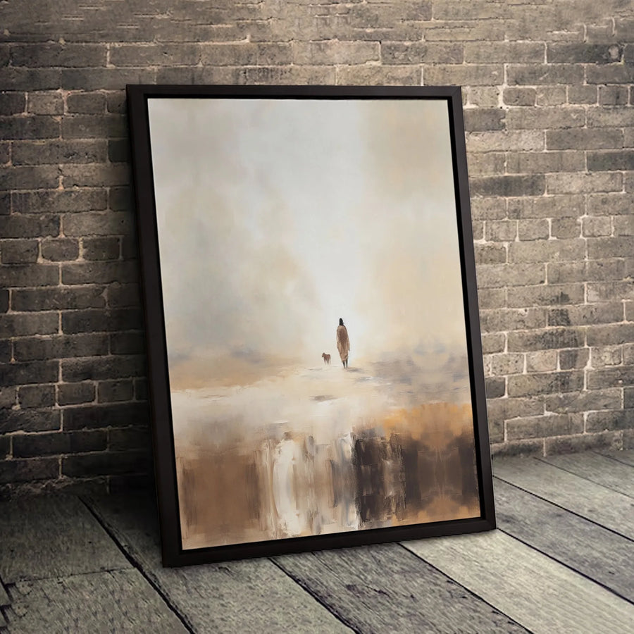 Abstract Landscape Wall Art | Person Walking With Dog Oil Painting Style | 1.25-Inch Premium Gallery Wrap | Modern Home Decor Gift