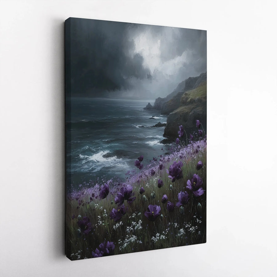 Stormy Coastline Canvas Art | Moody Purple Wildflowers Landscape | Premium Gallery-Wrapped Print | Coastal Home Decor Wall Art