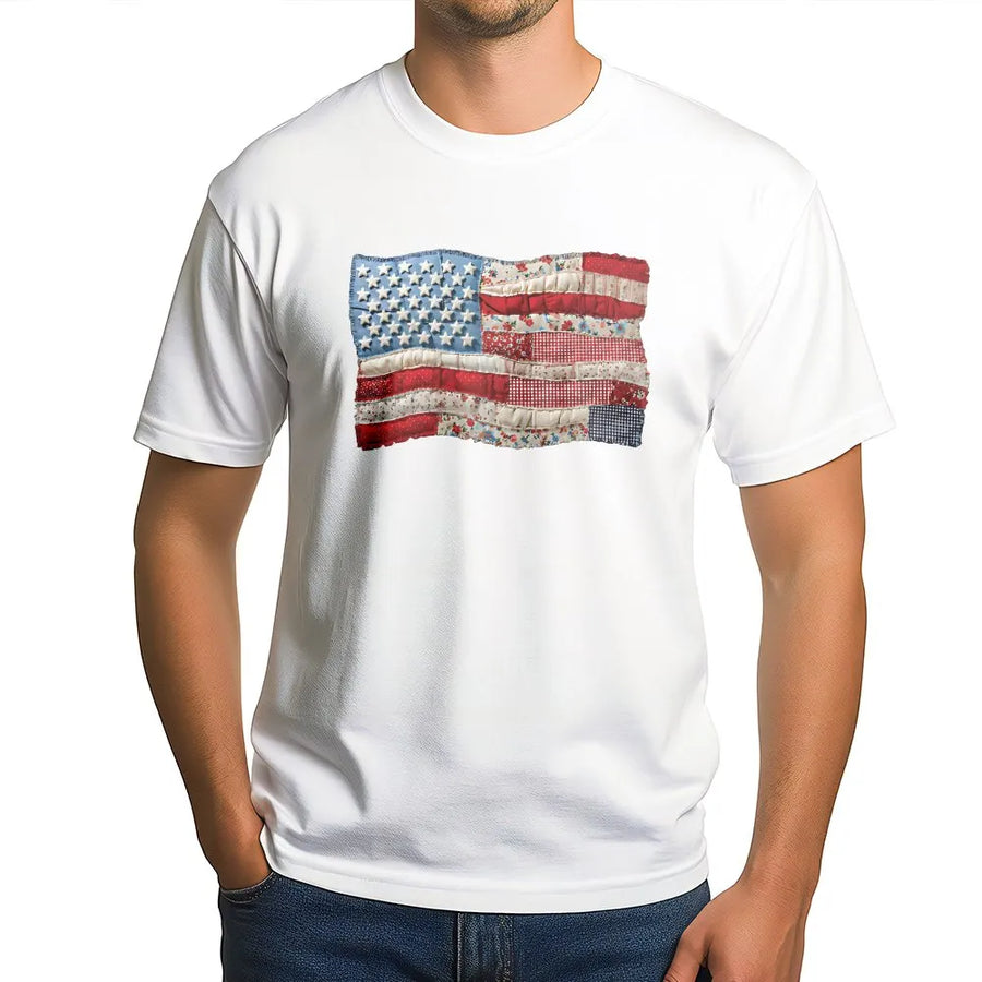 American Flag T-Shirt | Retro Faux Patchwork USA Flag Design | Premium Comfort Colors | Patriotic Gift for Men & Women