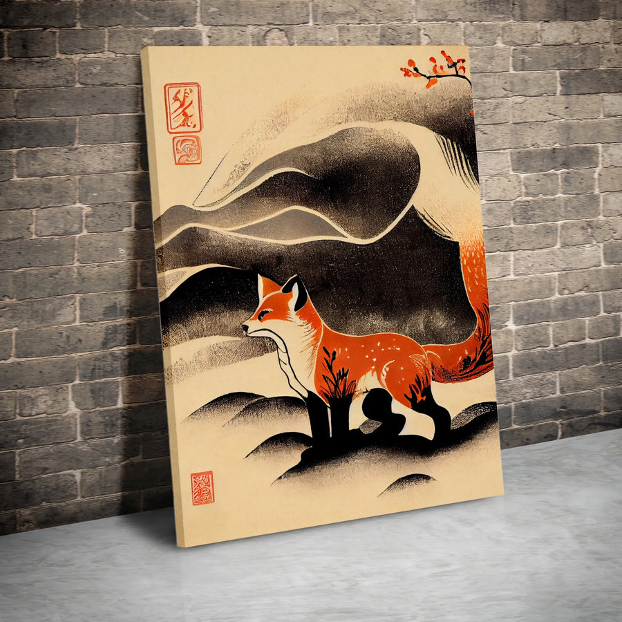Japanese Fox Wall Art | Ukiyo-e Style Winter Landscape Print | Premium 1.25" Gallery Canvas | Elegant Home Office Decor Gift